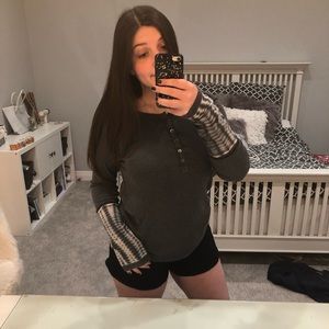 Grey long sleeve tee with tie-dye sleeves